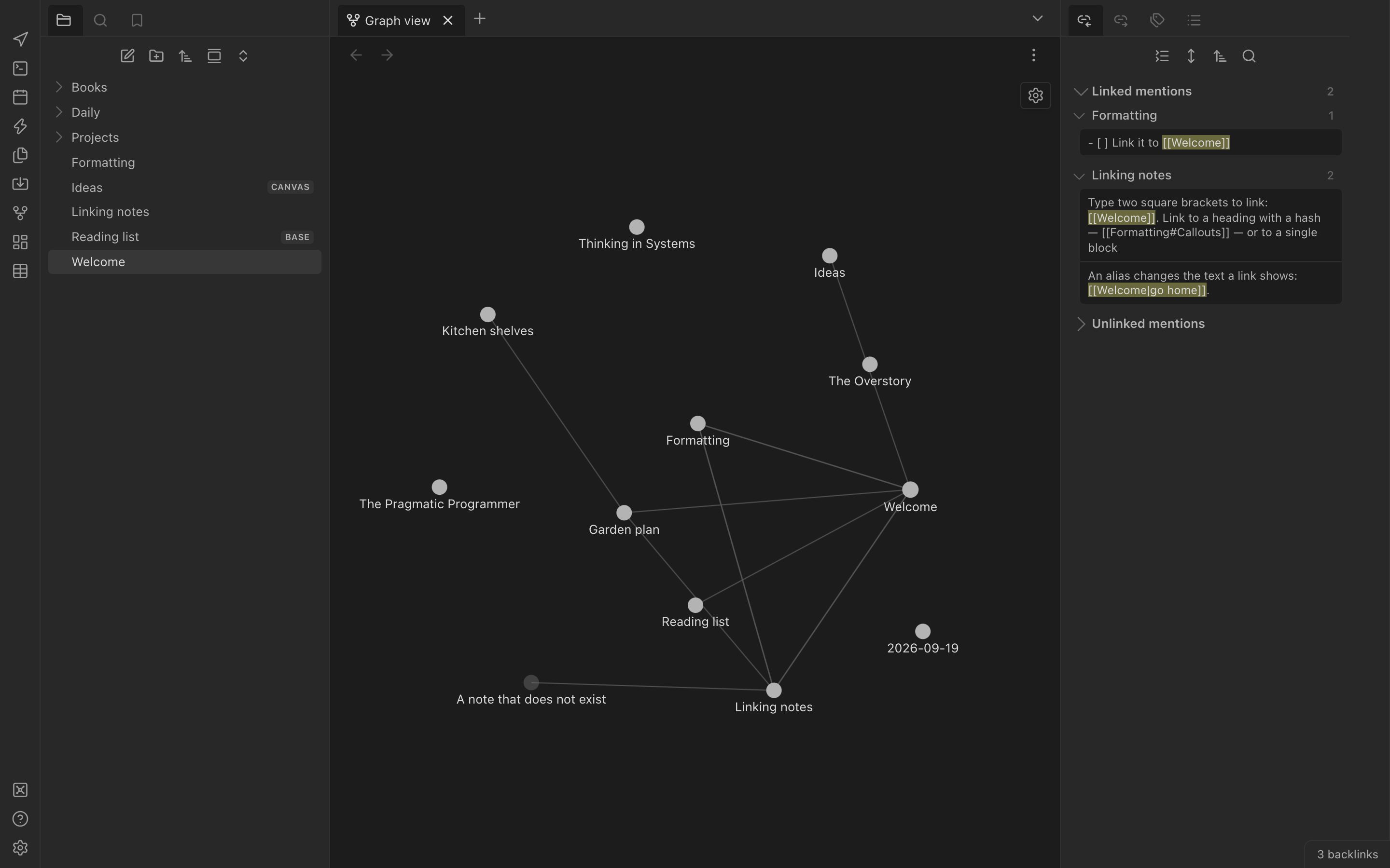 The graph view: notes as nodes connected by their links, including an unresolved link drawn dimmer.