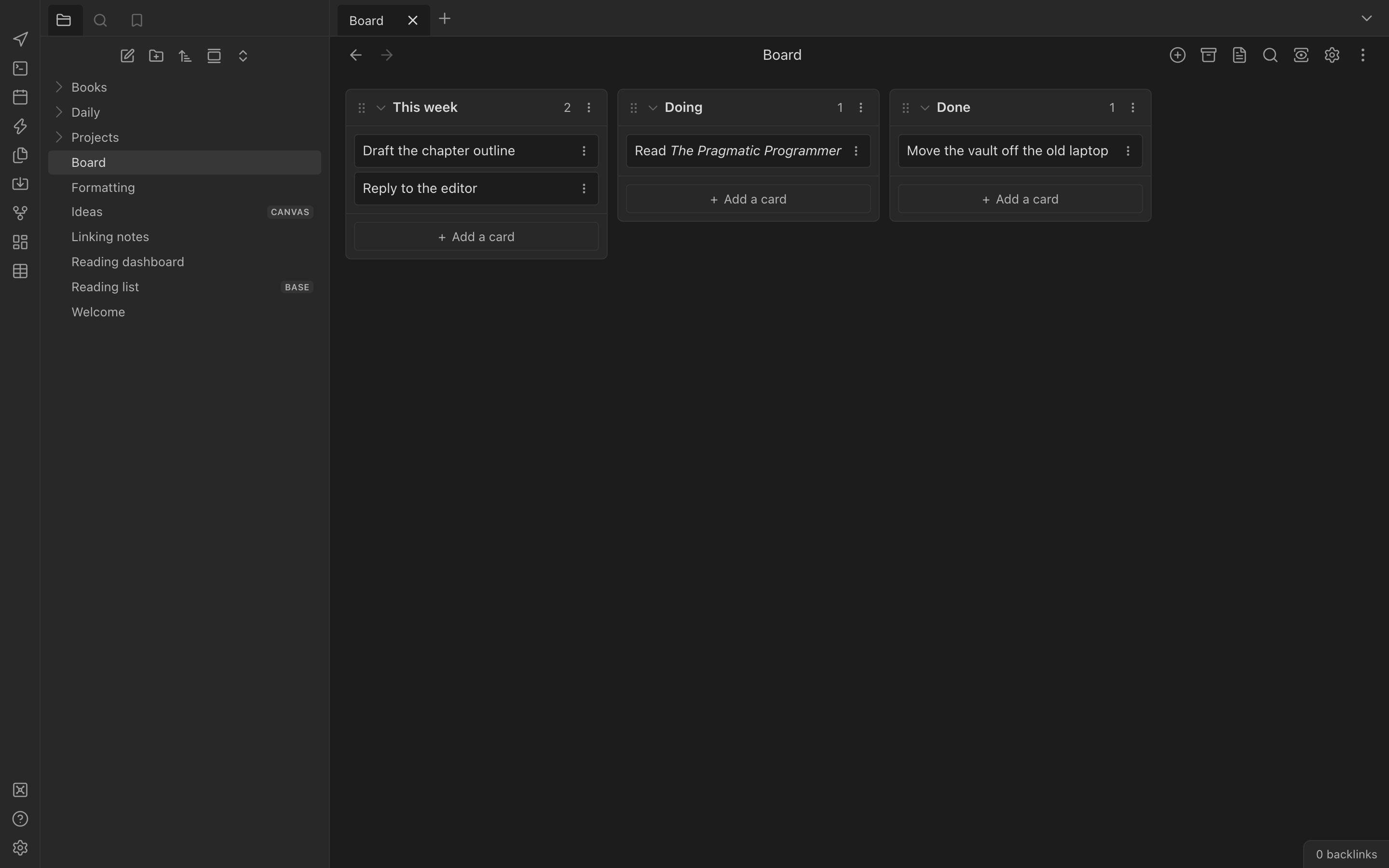 The Kanban plugin showing a board with This week, Doing and Done lists.