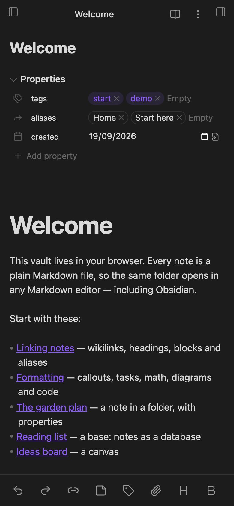 OpenMarkdown on a phone-sized screen: the Welcome note with its properties, and an editing toolbar along the bottom.