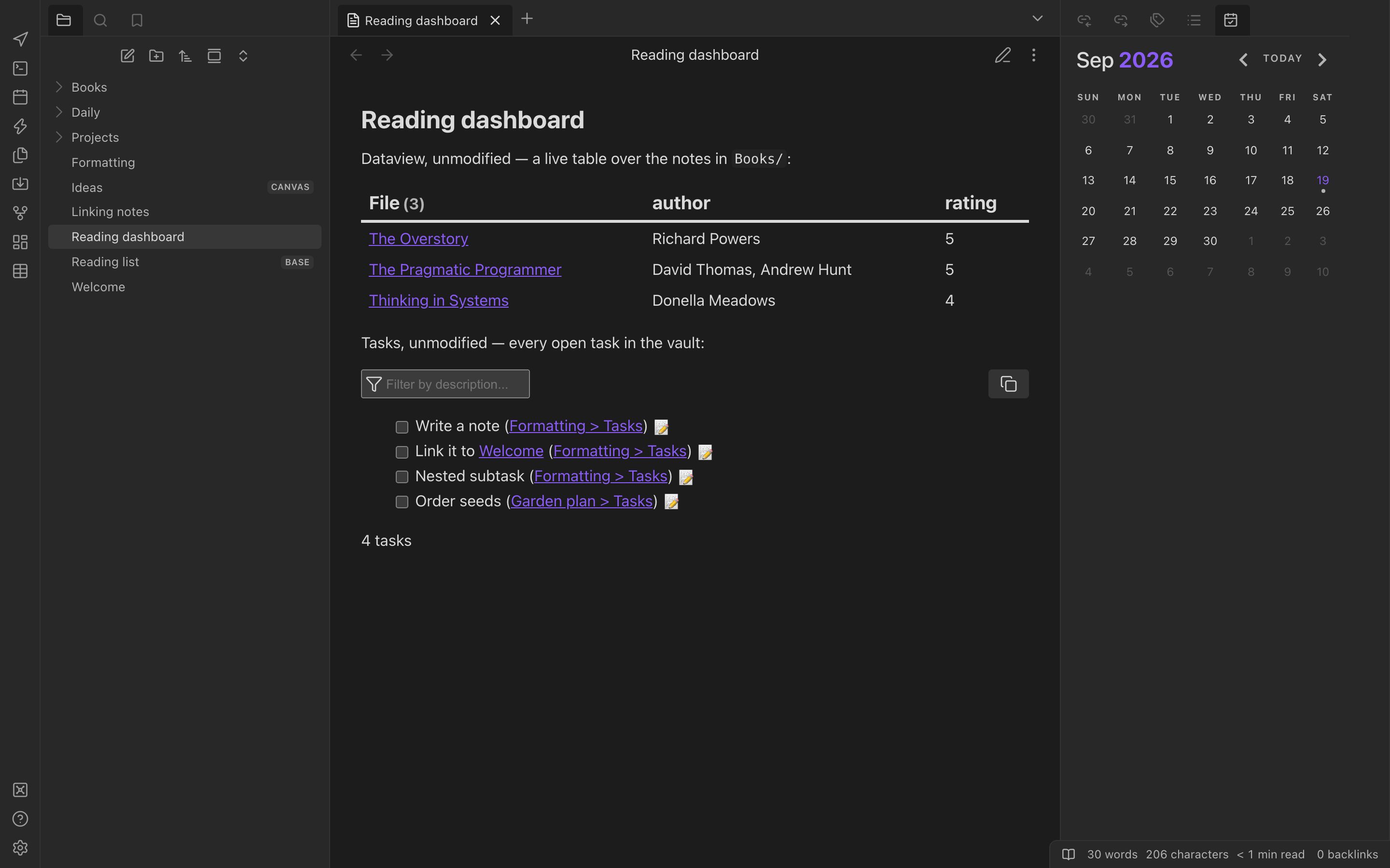 A note rendering a Dataview table of books by rating and a Tasks query listing four open tasks, with the Calendar plugin in the right sidebar.